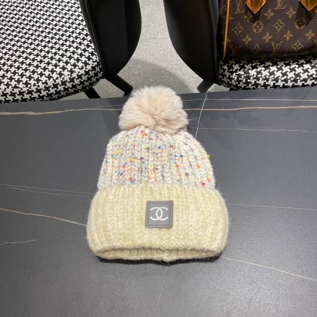Chanel香奈儿堆堆毛线帽子女秋冬百搭毛球冷帽日系宽松加厚保暖羊毛针织帽
